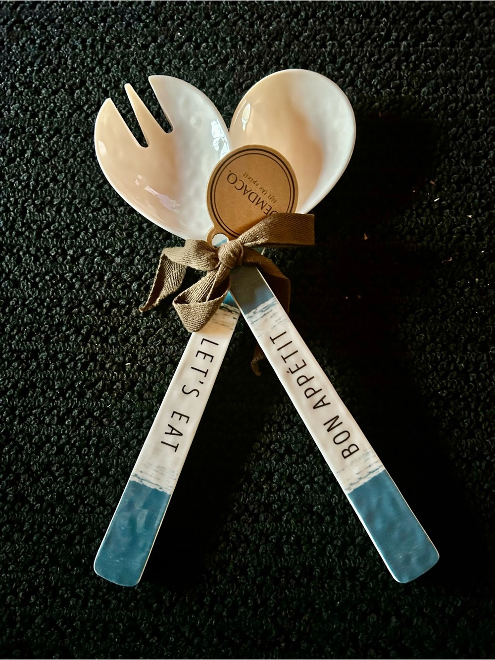 Demdaco Blue and White 'Let’s Eat / Bon Appetit' Salad Servers